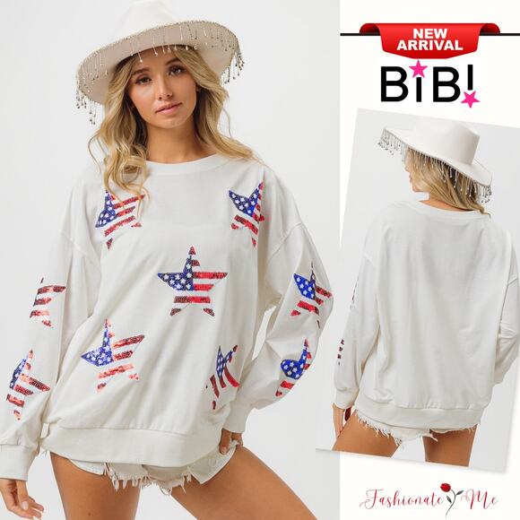 BiBi 4th Of July American Flag Theme Sequin Star Patches French Terry Sweatshirt - Picture 1 of 11